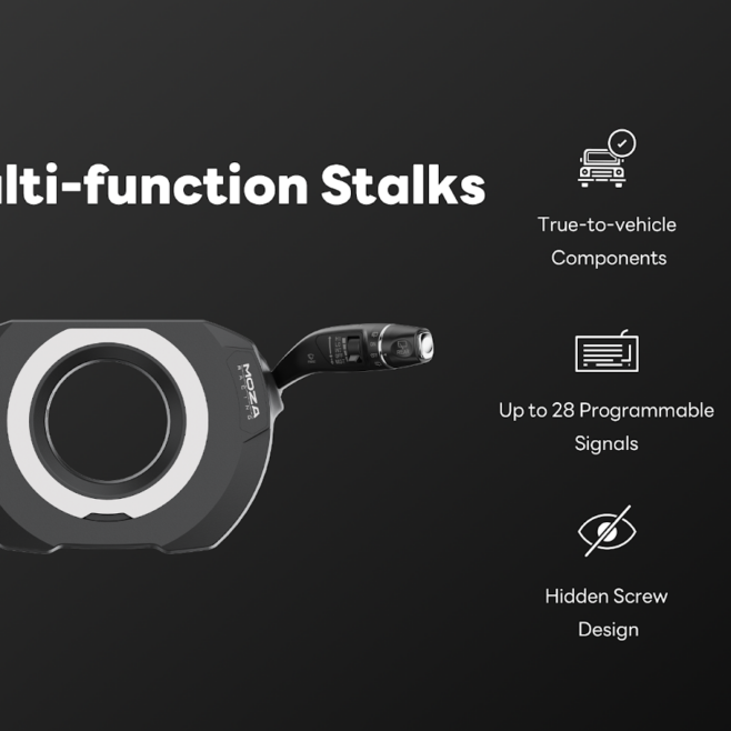 MOZA Multi-Function Stalks installed around a sim racing steering wheel