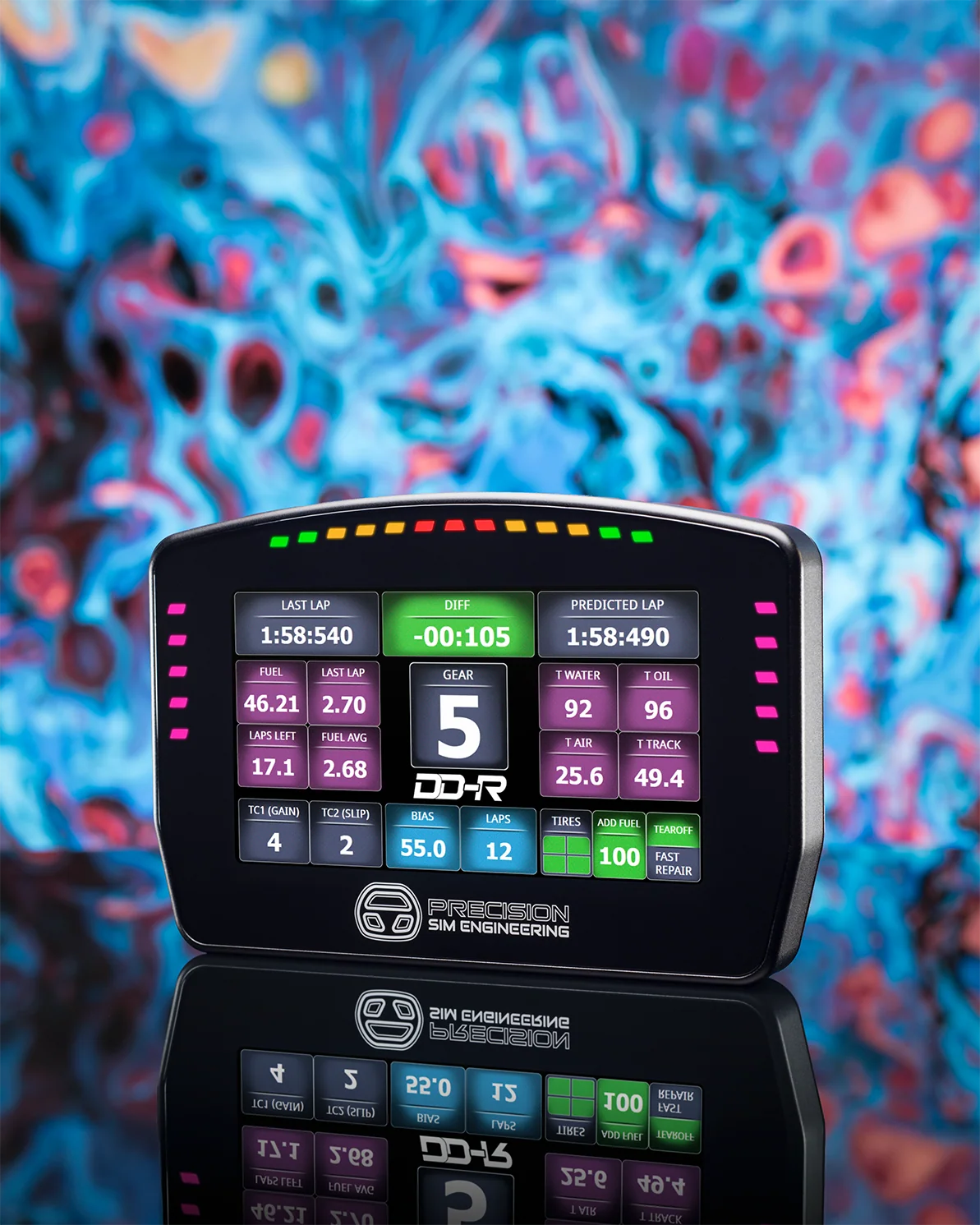 Precision Sim Engineering DD-R display angled view with illuminated RGB LEDs