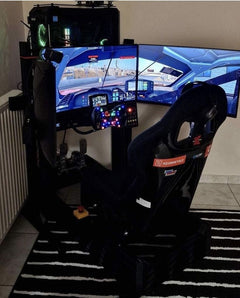 Real SimXPro triple-monitor racing cockpit with installed freestanding screen support