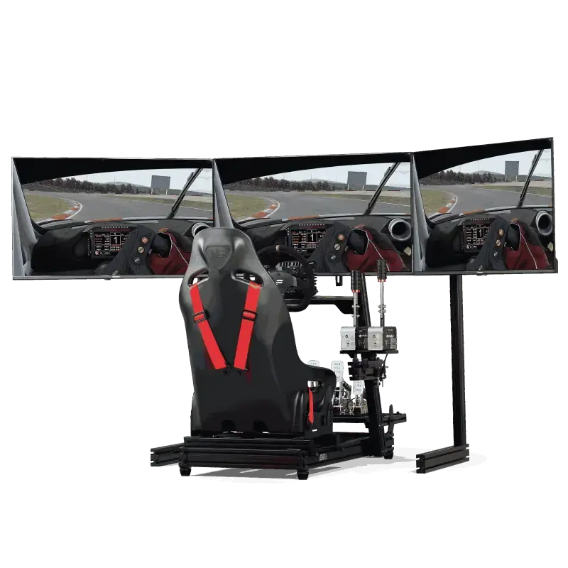 NEXT LEVEL RACING ELITE FREE STANDING TRIPLE MONITOR STAND - BLACK EDITION - complete simulator view
