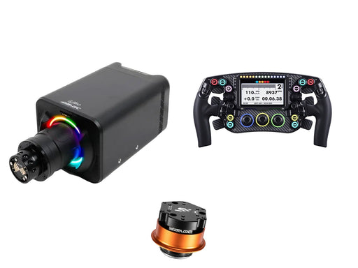 Simagic Alpha EVO Pro 18 Nm + LEOXZ Steering Wheel + QR-A Bundle — front view steering wheel, wheelbase and QR-A