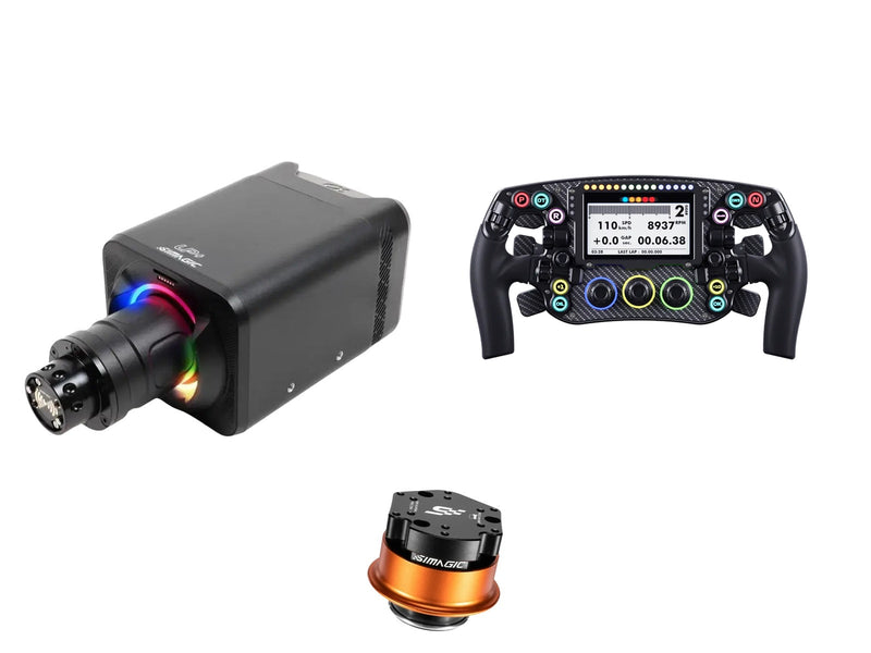 Simagic Alpha EVO Sport 9 Nm + LEOXZ Steering Wheel + QR-A Bundle — front view steering wheel, wheelbase and QR-A